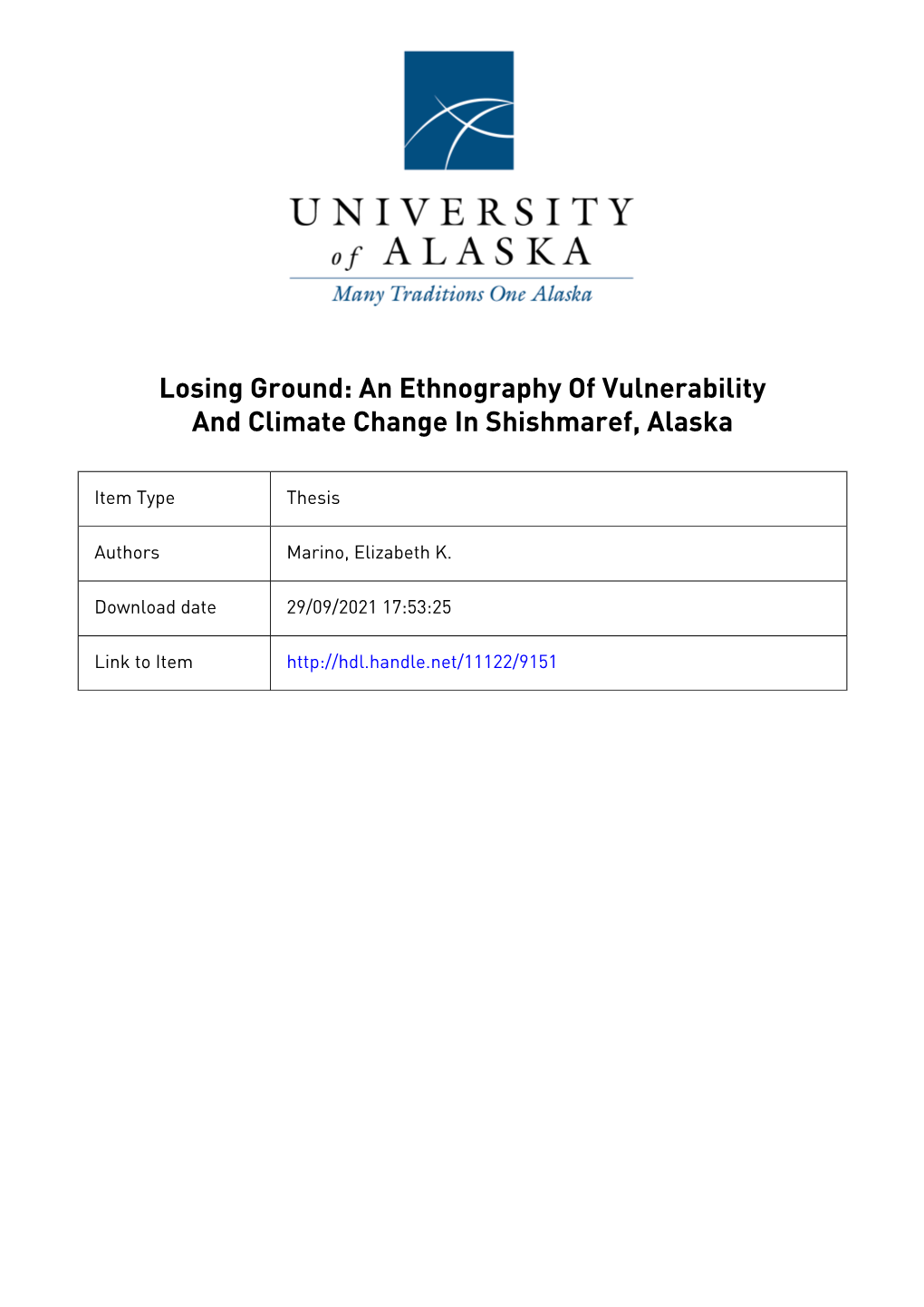 Losing Ground: an Ethnography of Vulnerability and Climate Change in Shishmaref, Alaska