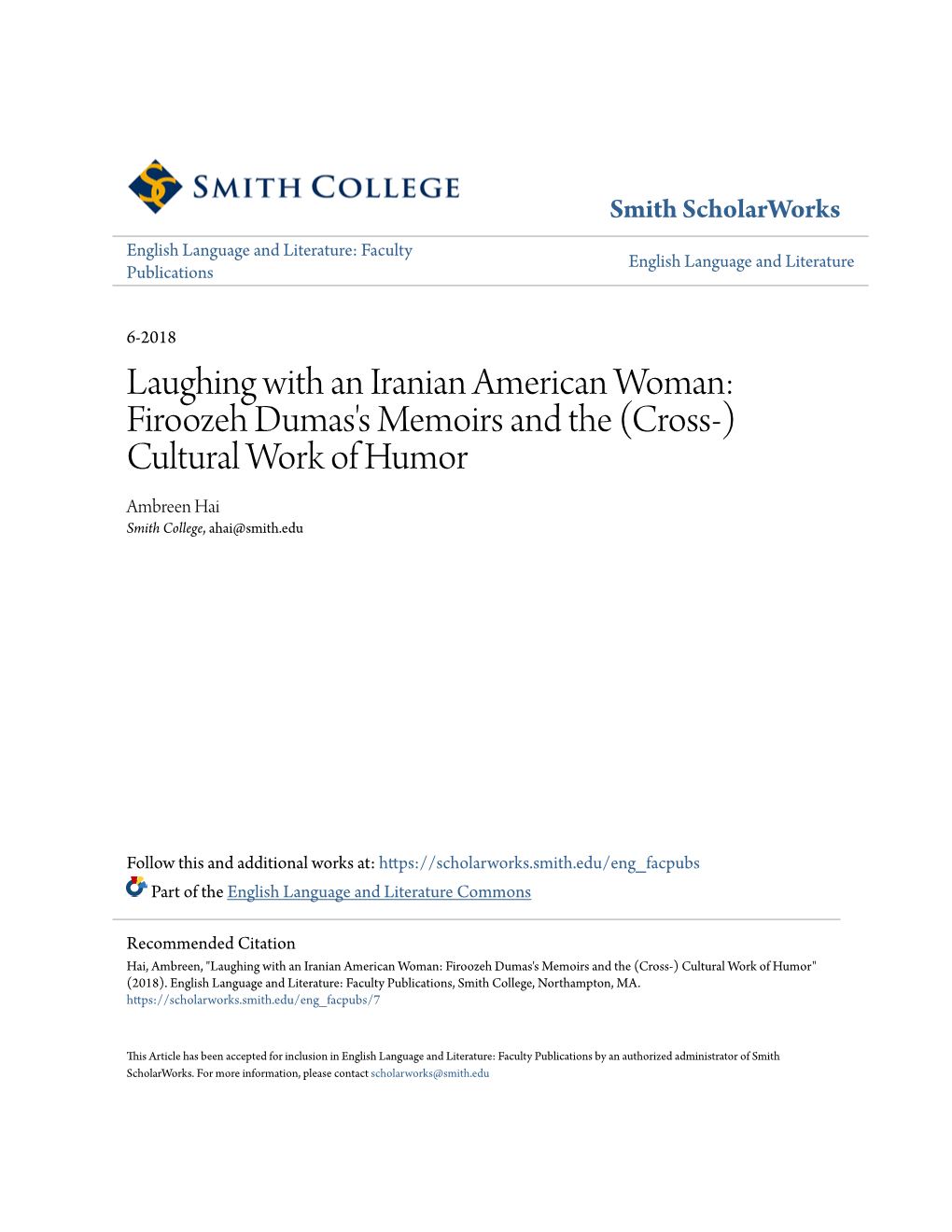 Firoozeh Dumas's Memoirs and the (Cross-) Cultural Work of Humor Ambreen Hai Smith College, Ahai@Smith.Edu