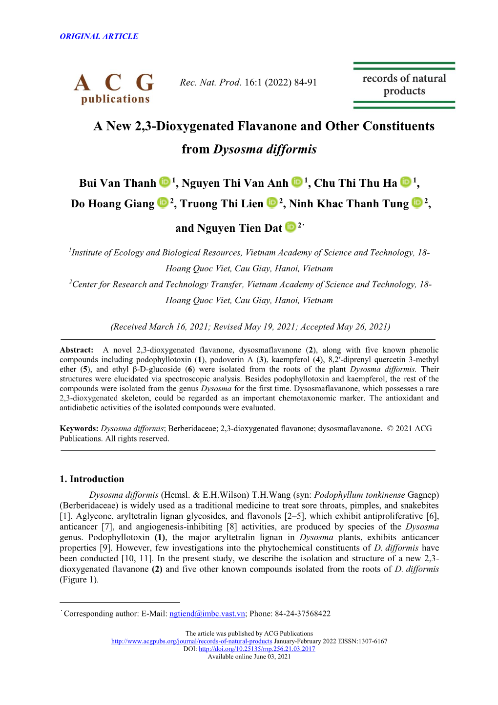 A New 2,3-Dioxygenated Flavanone and Other Constituents from Dysosma Difformis