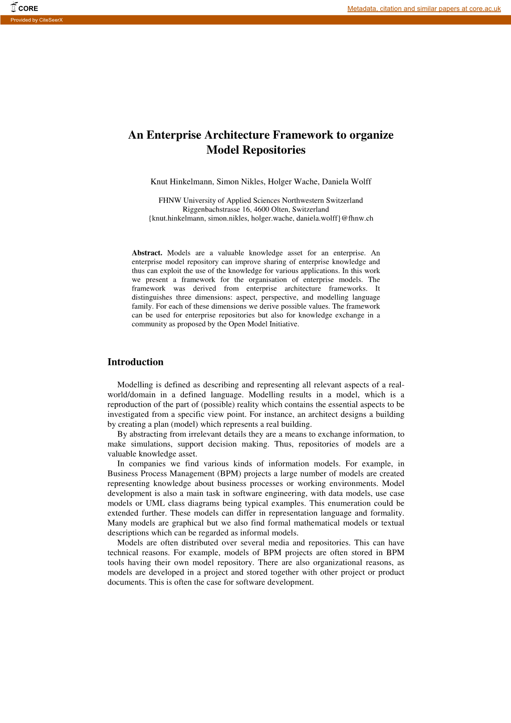An Enterprise Architecture Framework to Organize Model Repositories