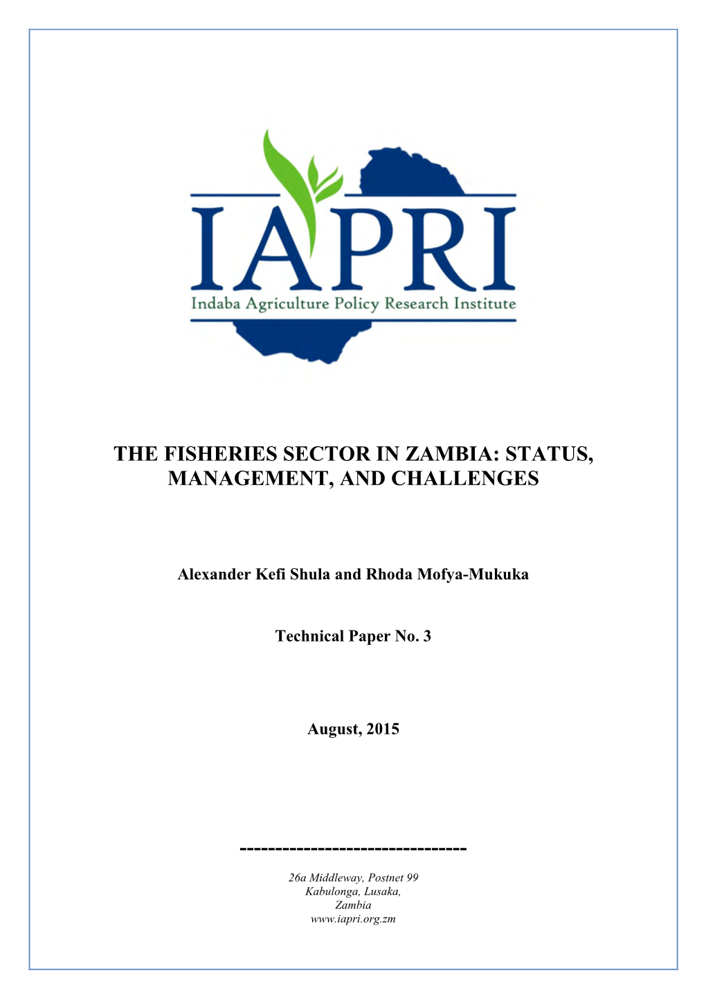 The Fisheries Sector in Zambia: Status, Management, and Challenges