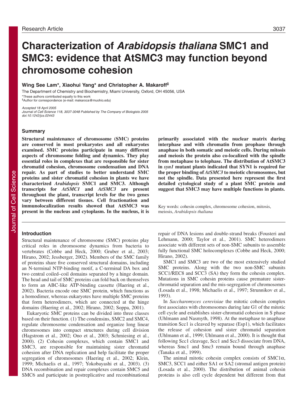 Evidence That Atsmc3 May Function Beyond Chromosome Cohesion