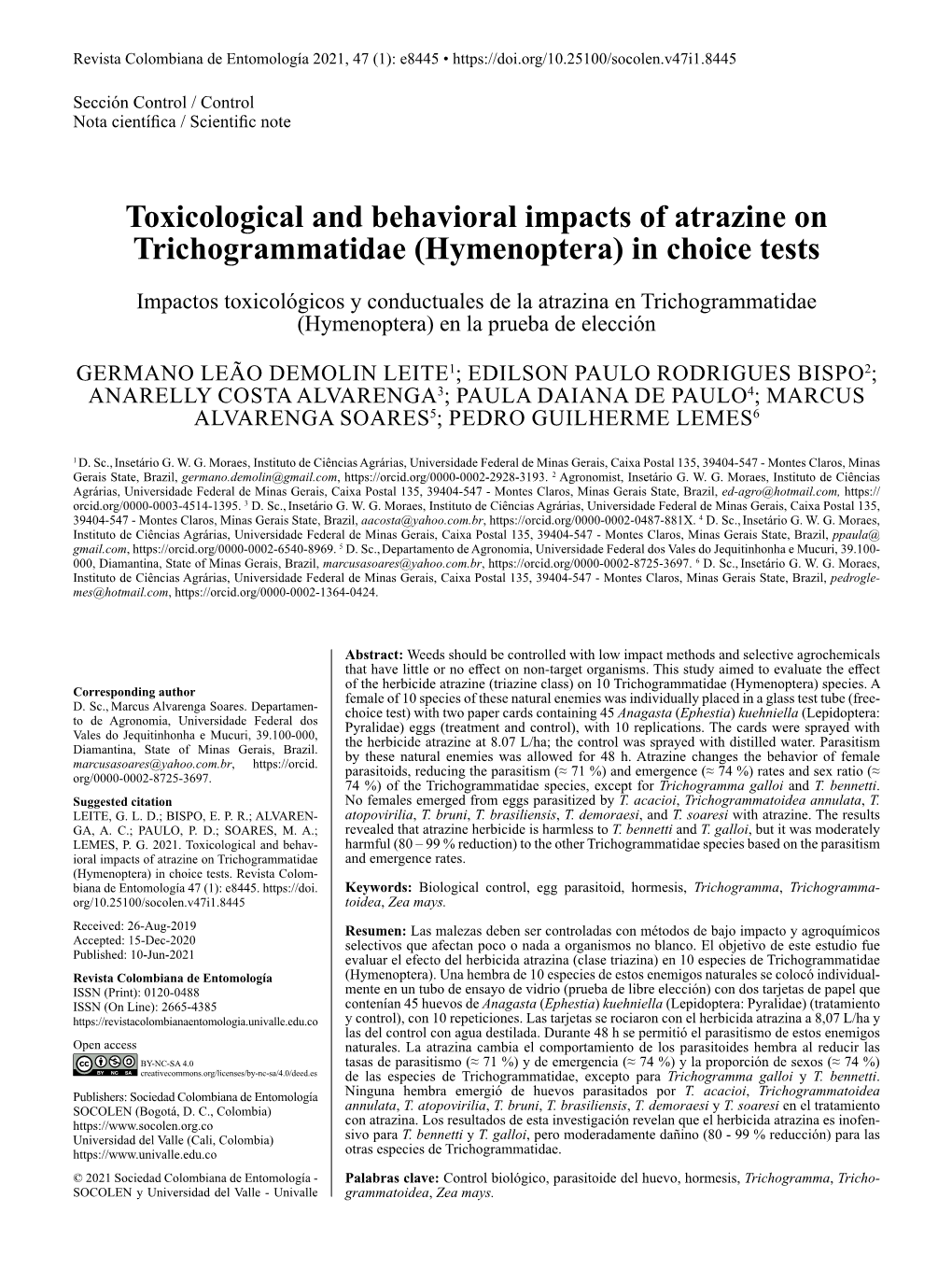 Toxicological and Behavioral Impacts of Atrazine on Trichogrammatidae (Hymenoptera) in Choice Tests