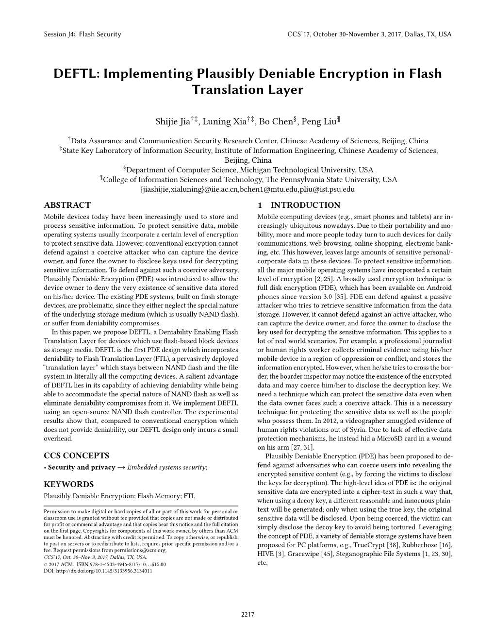 Implementing Plausibly Deniable Encryption in Flash Translation Layer