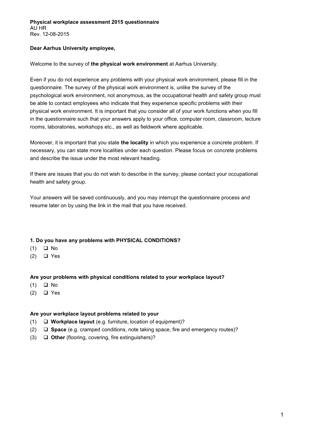 Physical Workplace Assessment 2015 Questionnaire