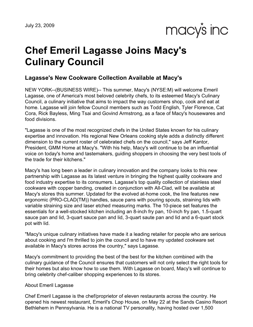 Chef Emeril Lagasse Joins Macy's Culinary Council