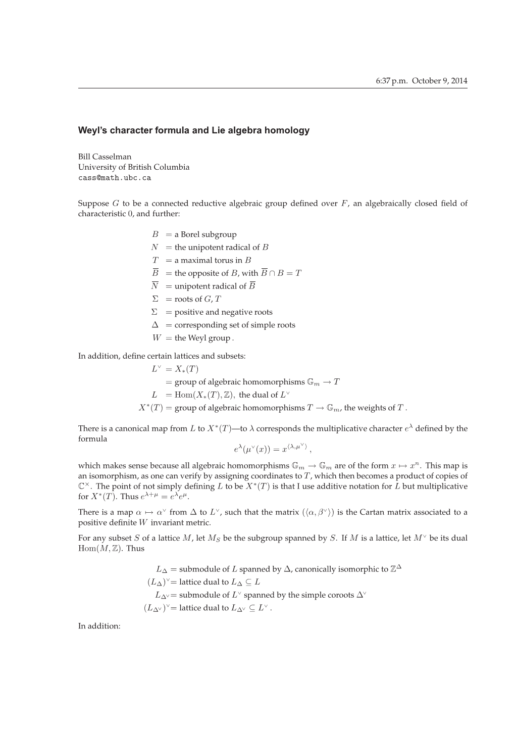 Weyl's Character Formula and Lie Algebra Homology