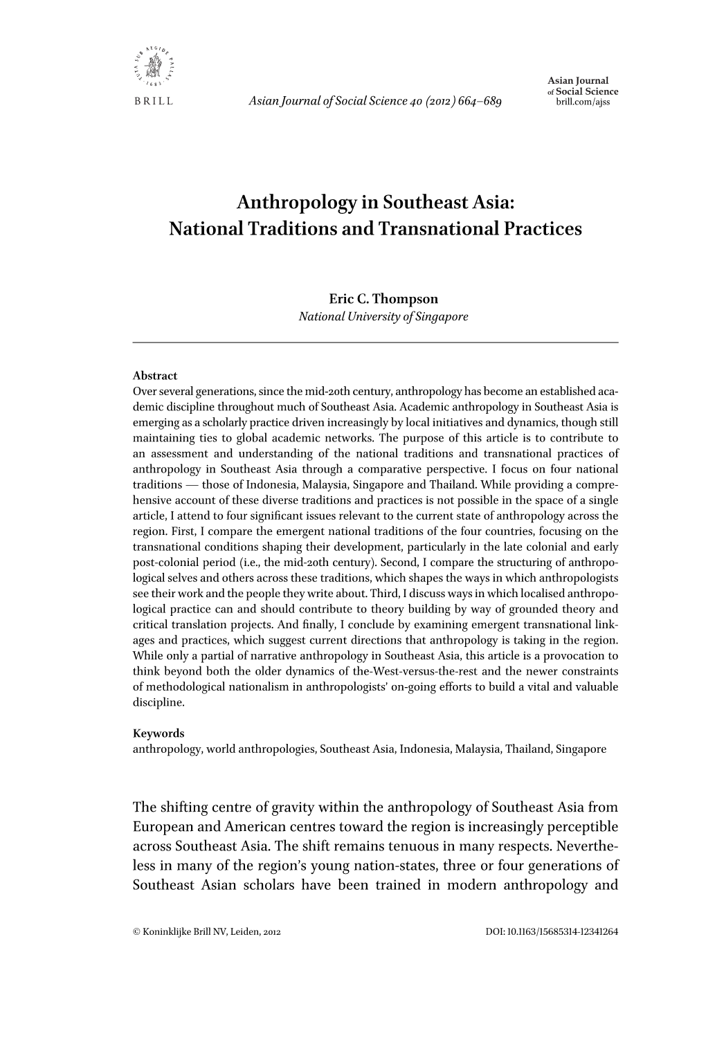 Anthropology in Southeast Asia: National Traditions and Transnational Practices