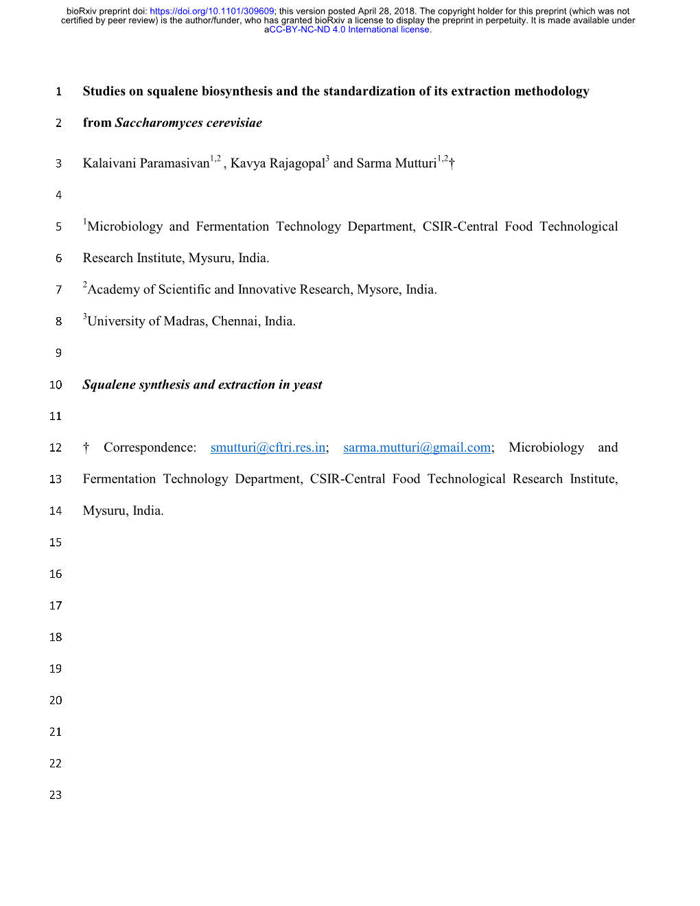 Studies on Squalene Biosynthesis and the Standardization of Its Extraction Methodology