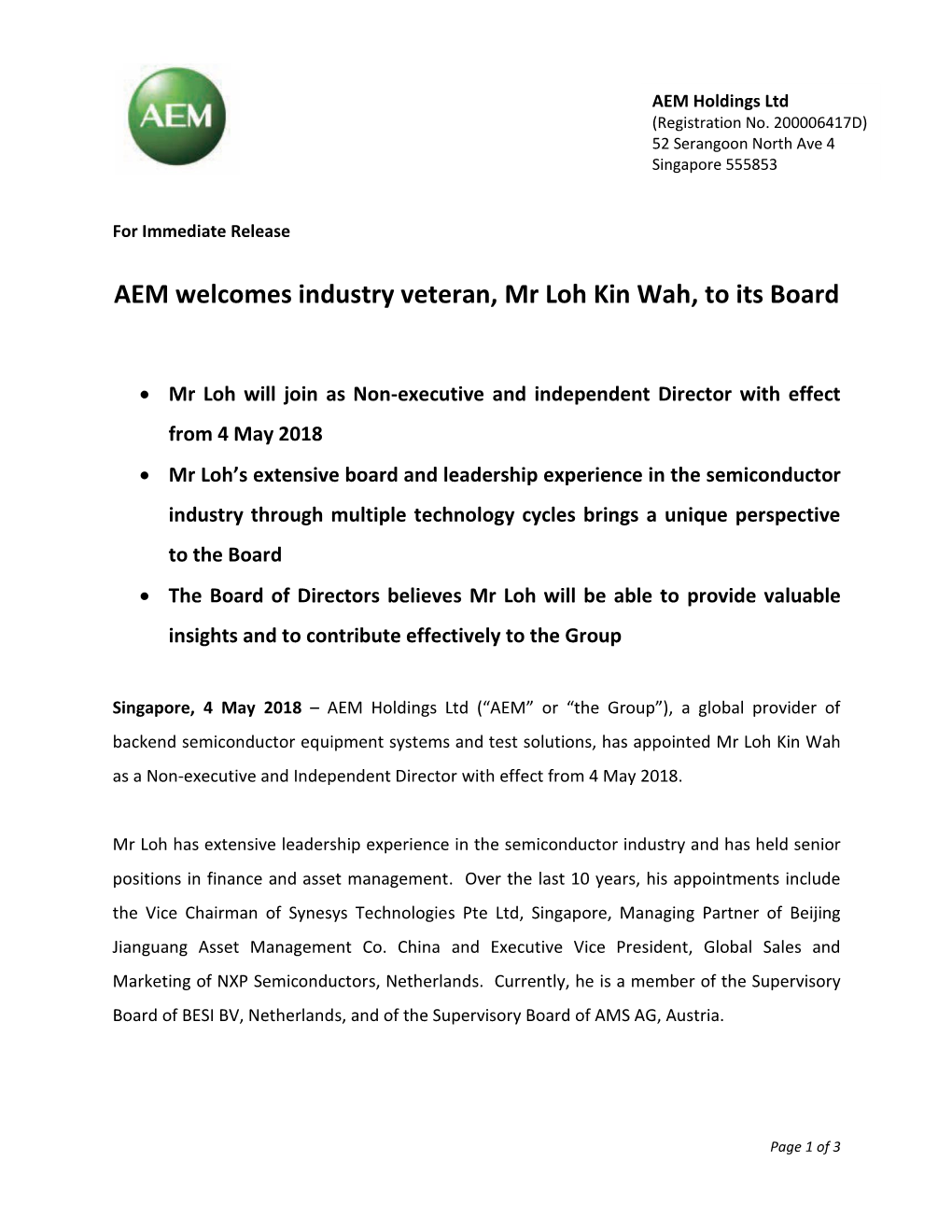 AEM Welcomes Industry Veteran, Mr Loh Kin Wah, to Its Board