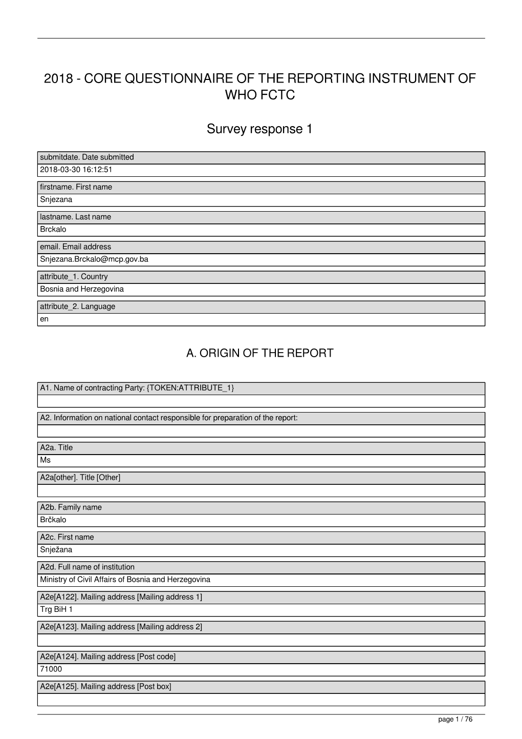 2018 - Core Questionnaire of the Reporting Instrument of Who Fctc