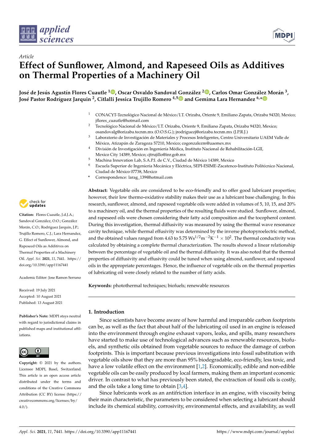 Effect of Sunflower, Almond, and Rapeseed Oils As Additives