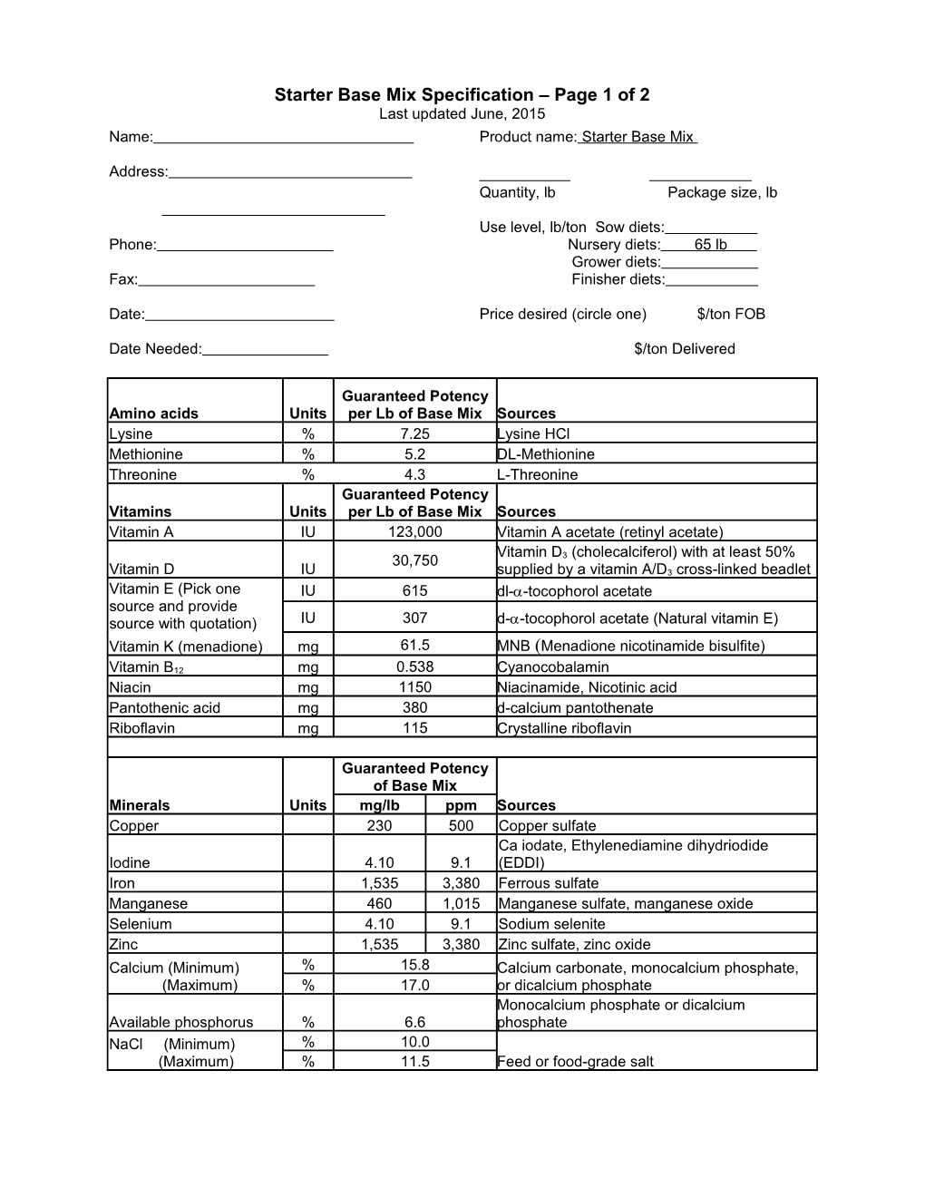 Vitamin Premix Specification Form