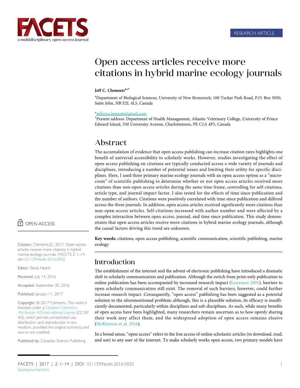 Open Access Articles Receive More Citations in Hybrid Marine Ecology Journals