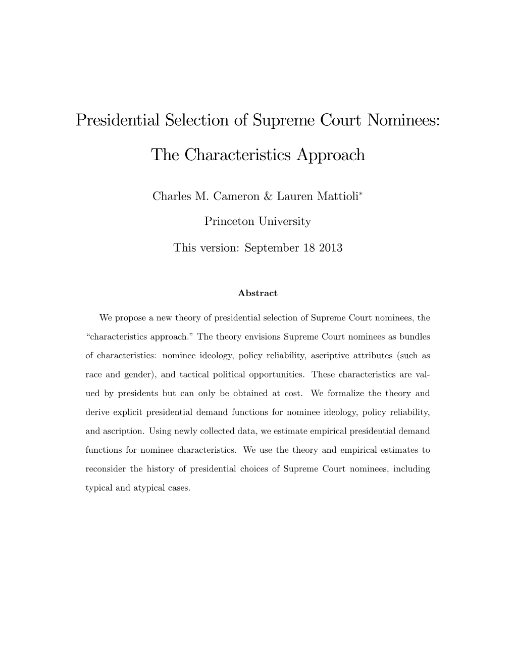 Presidential Selection of Supreme Court Nominees: the Characteristics Approach