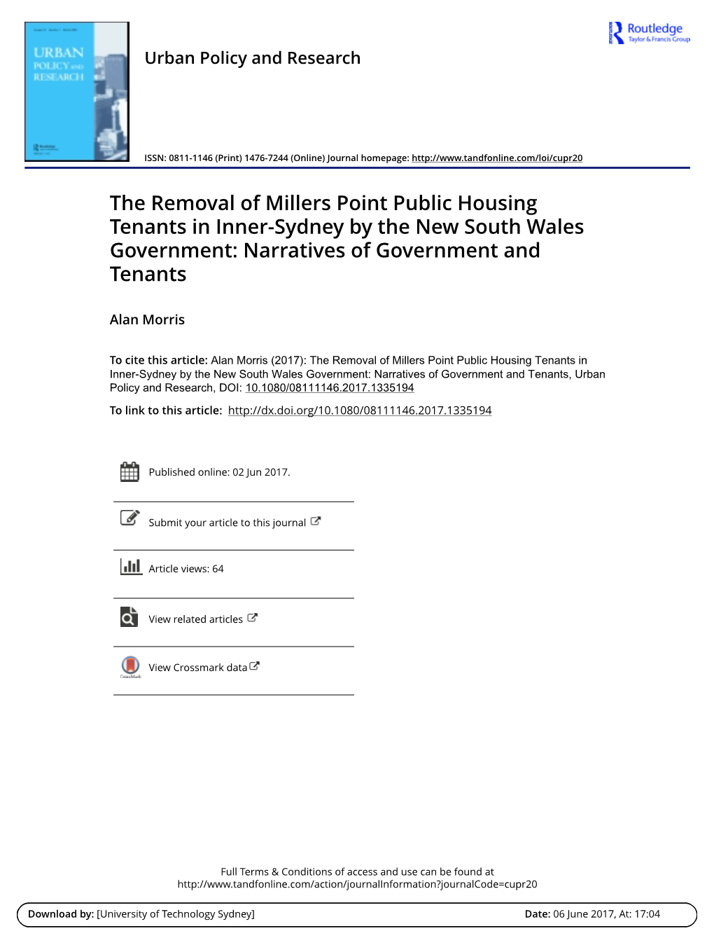 The Removal of Millers Point Public Housing Tenants in Inner-Sydney by the New South Wales Government: Narratives of Government and Tenants