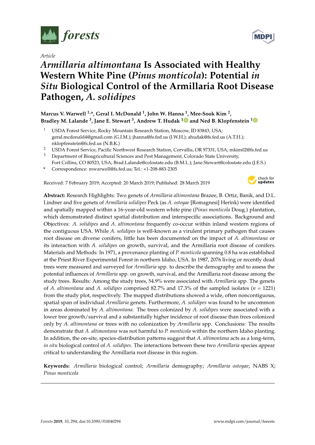 Armillaria Altimontana Is Associated with Healthy Western White Pine (Pinus Monticola)