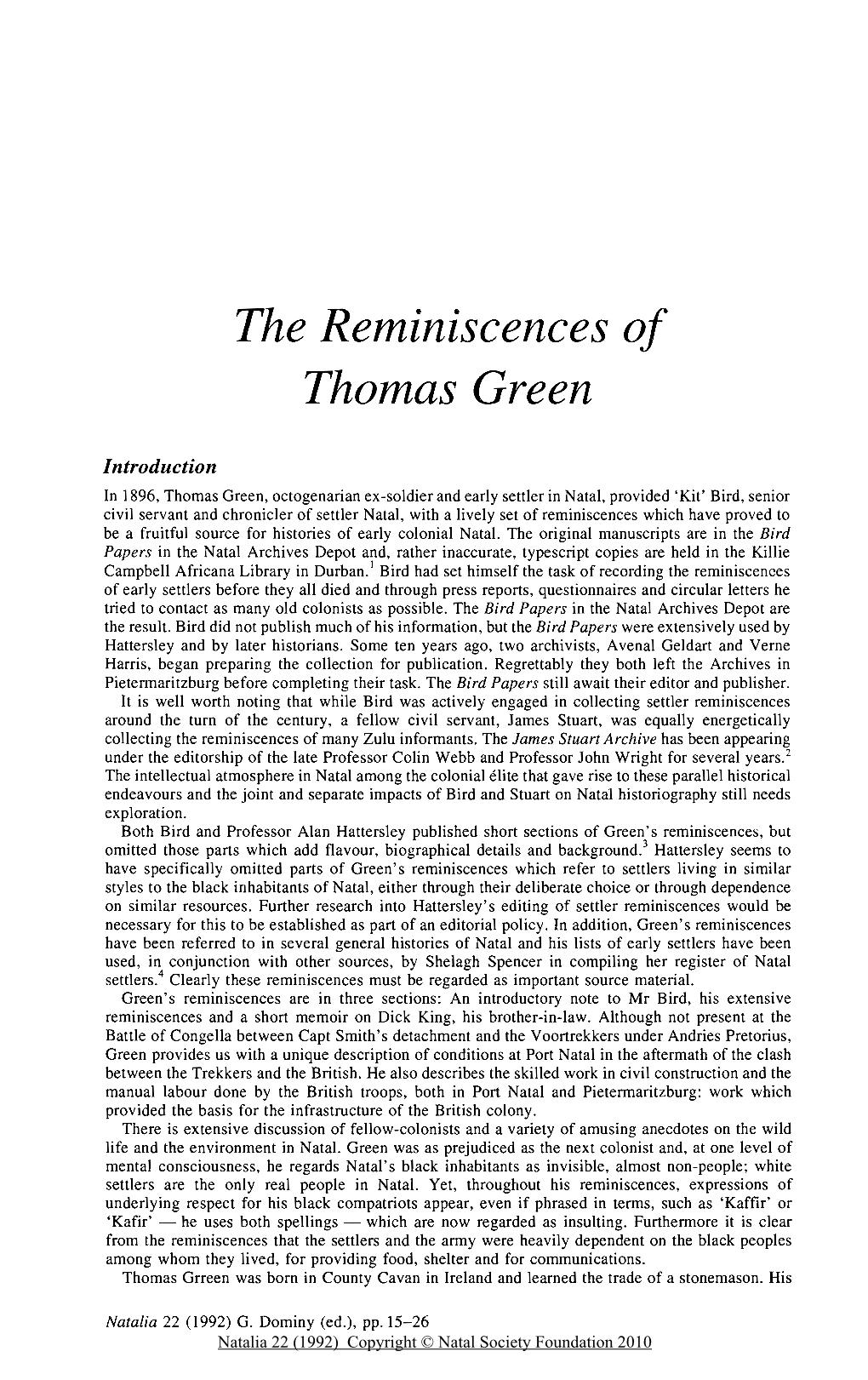 The Reminiscences of Thomas Green Graham Dominy