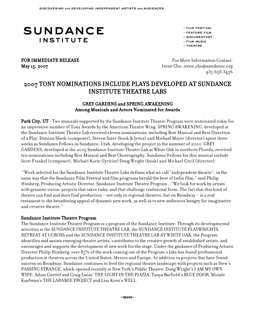 2007 Tony Nominations Include Plays Developed at Sundance Institute Theatre Labs