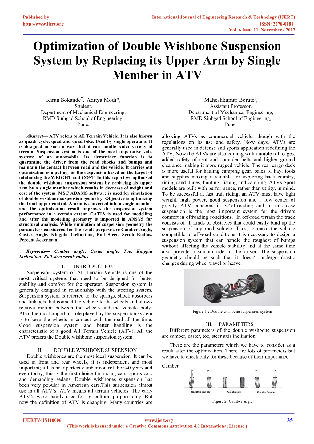 Optimization of Double Wishbone Suspension System by Replacing Its Upper Arm by Single Member in ATV