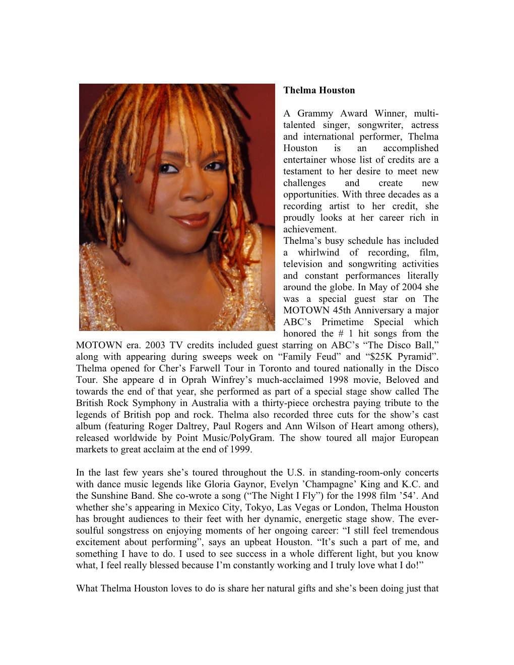 Thelma Houston a Grammy Award Winner, Multi- Talented Singer