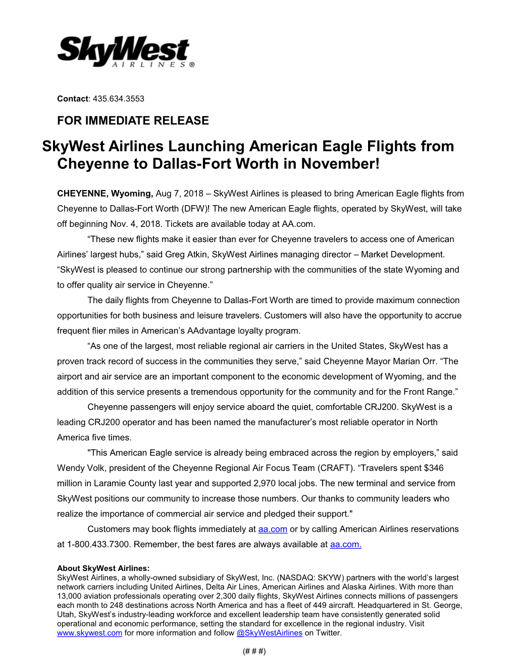 Skywest Airlines Launching American Eagle Flights from Cheyenne to Dallas-Fort Worth in November!