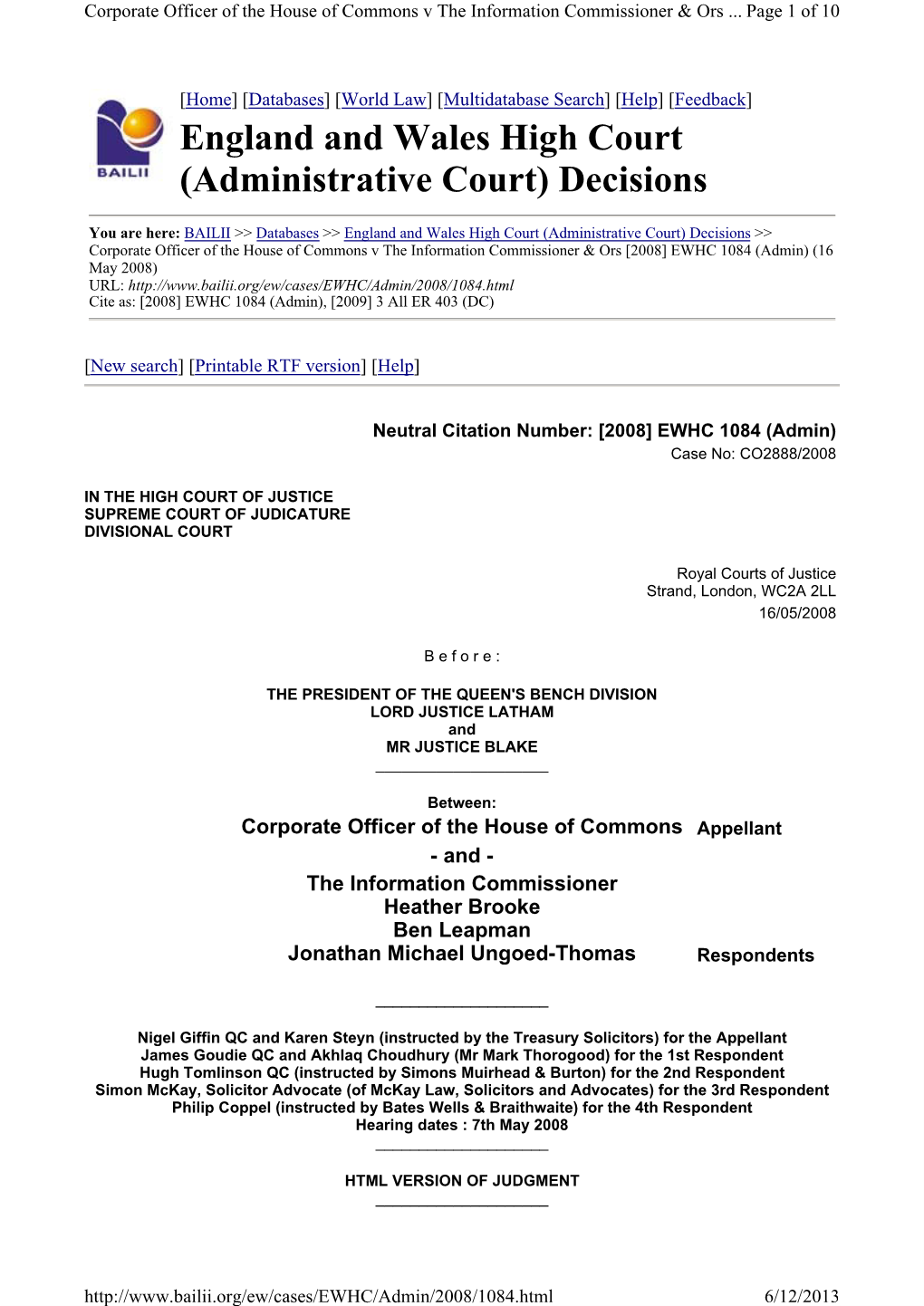 Corporate Officer of the House of Commons V the Information Commissioner & Ors