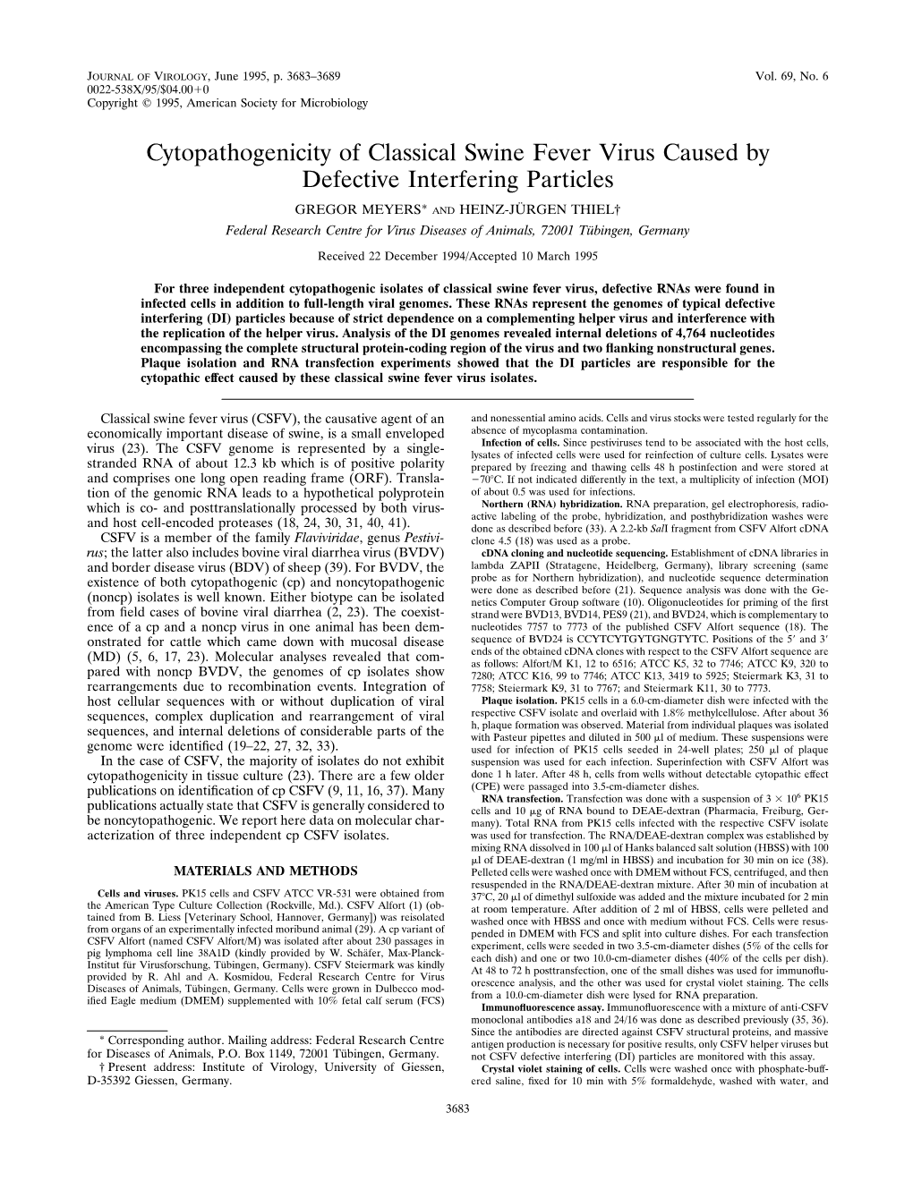 Cytopathogenicity of Classical Swine Fever Virus Caused by Defective Interfering Particles