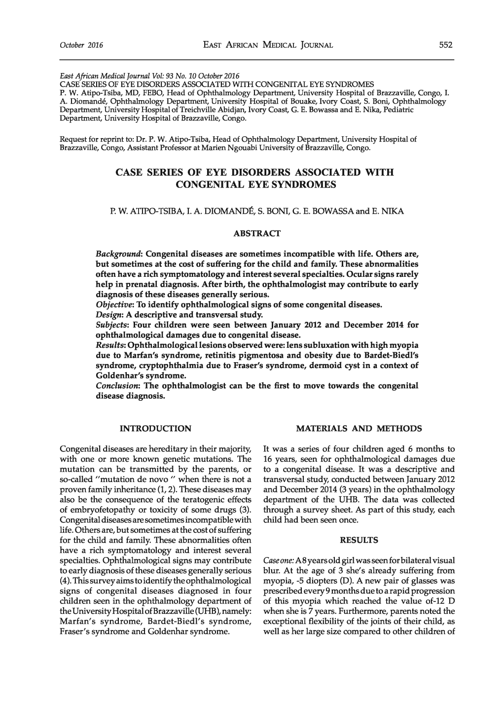 Case Series of Eye Disorders Associated with Congenital Eye Syndromes P