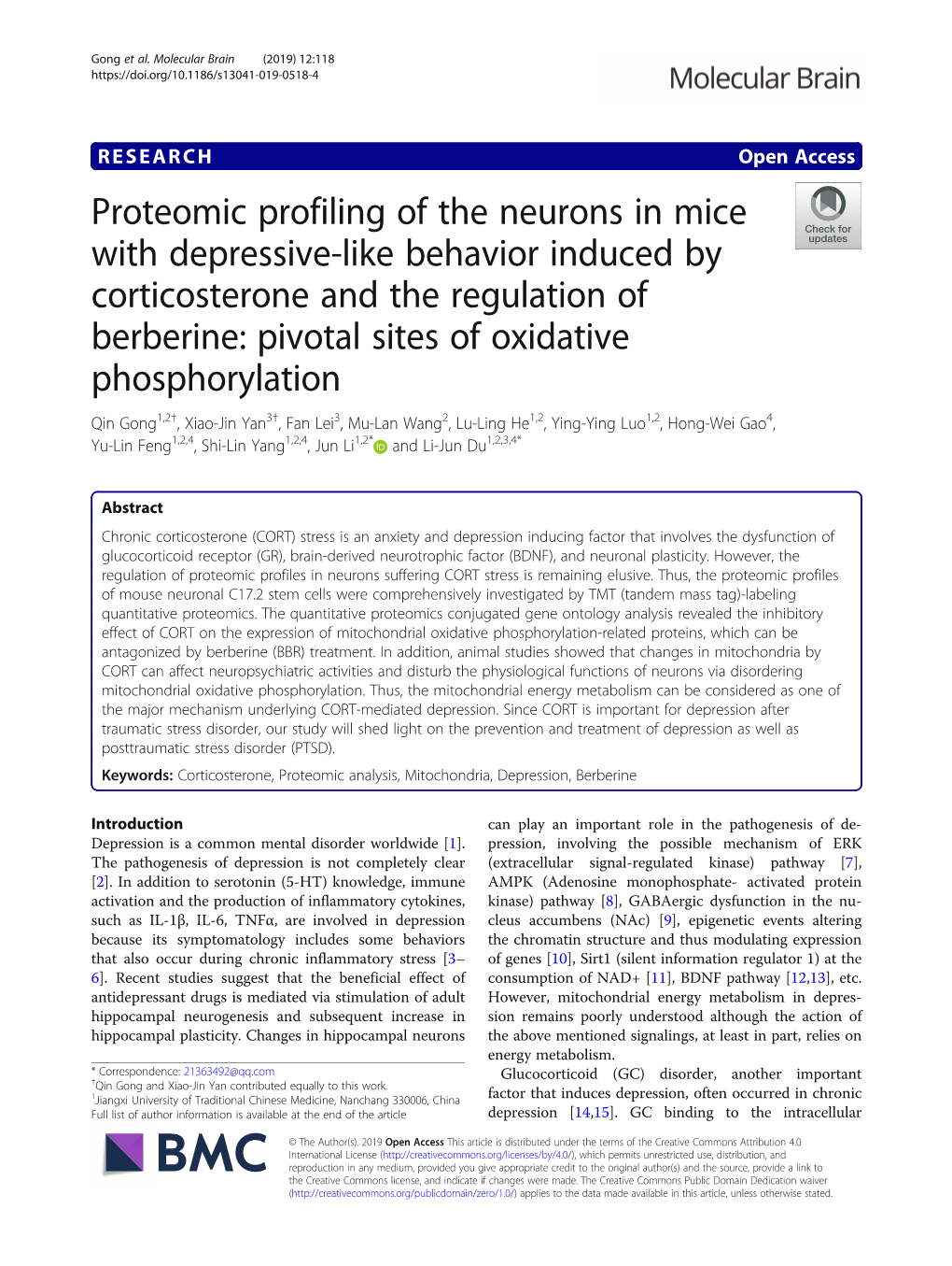 Proteomic Profiling of the Neurons in Mice with Depressive-Like Behavior