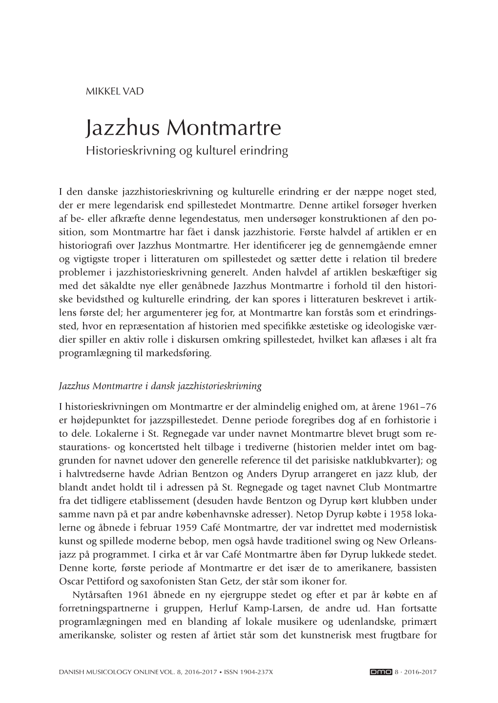Jazzhus Montmartre Historieskrivning Og Kulturel Erindring