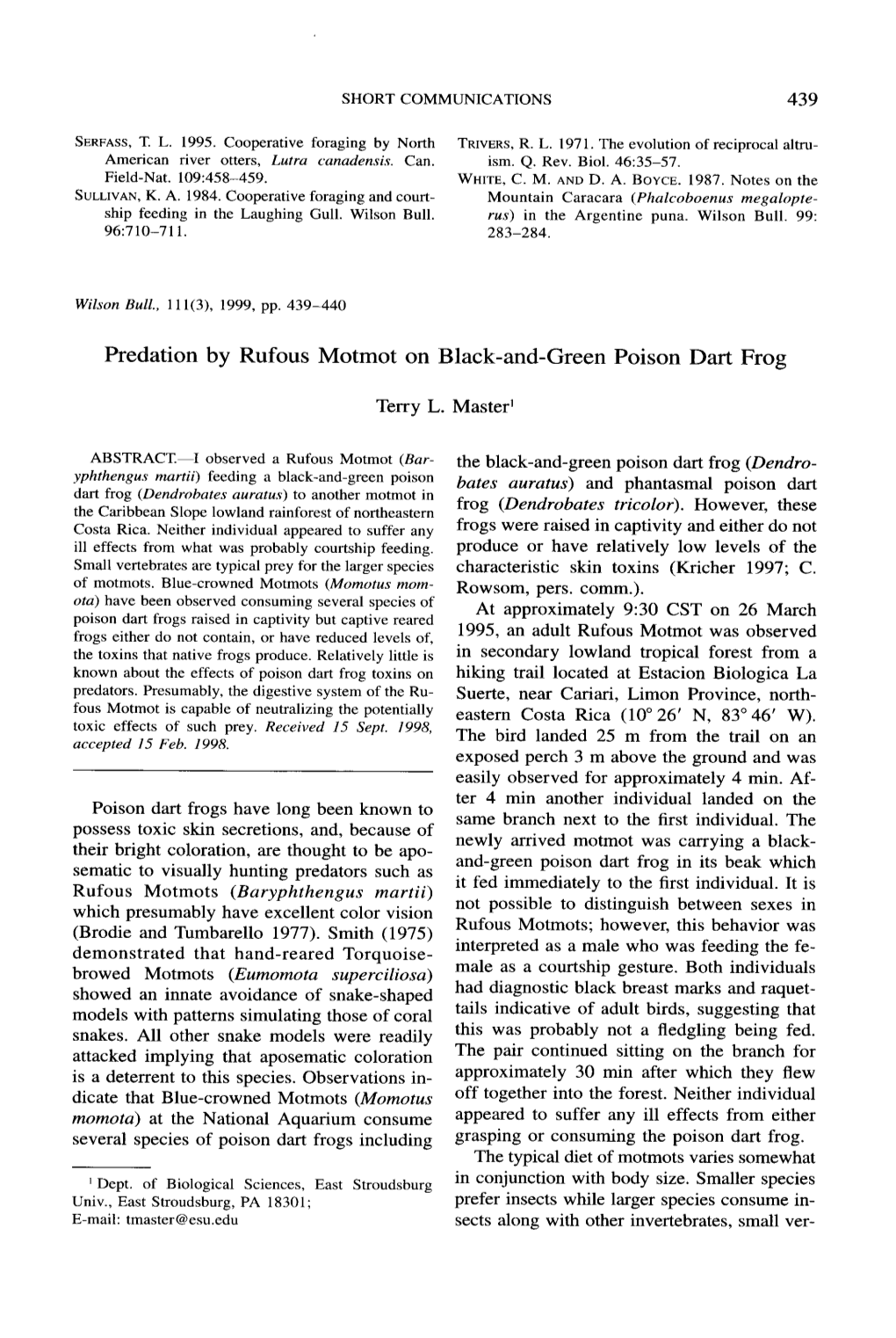 Predation by Rufous Motmot on Black-And-Green Poison Dart Frog