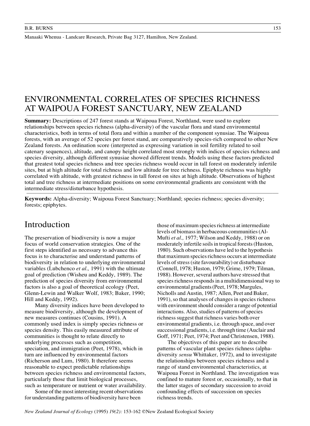 Environmental Correlates of Species Richness At