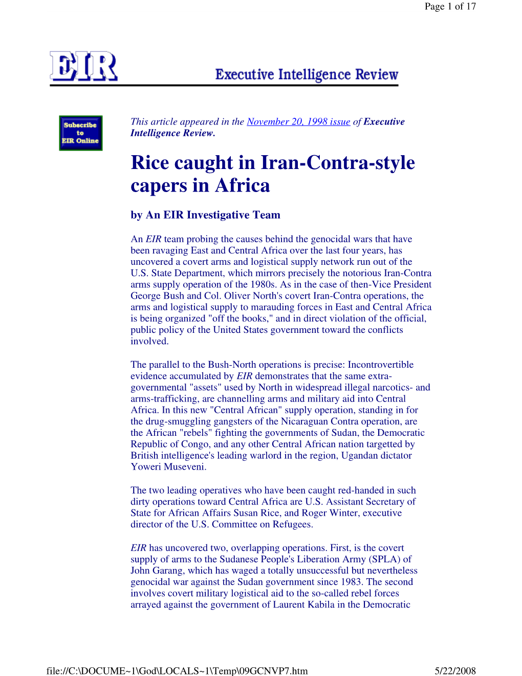 Rice Caught in Iran-Contra-Style Capers in Africa