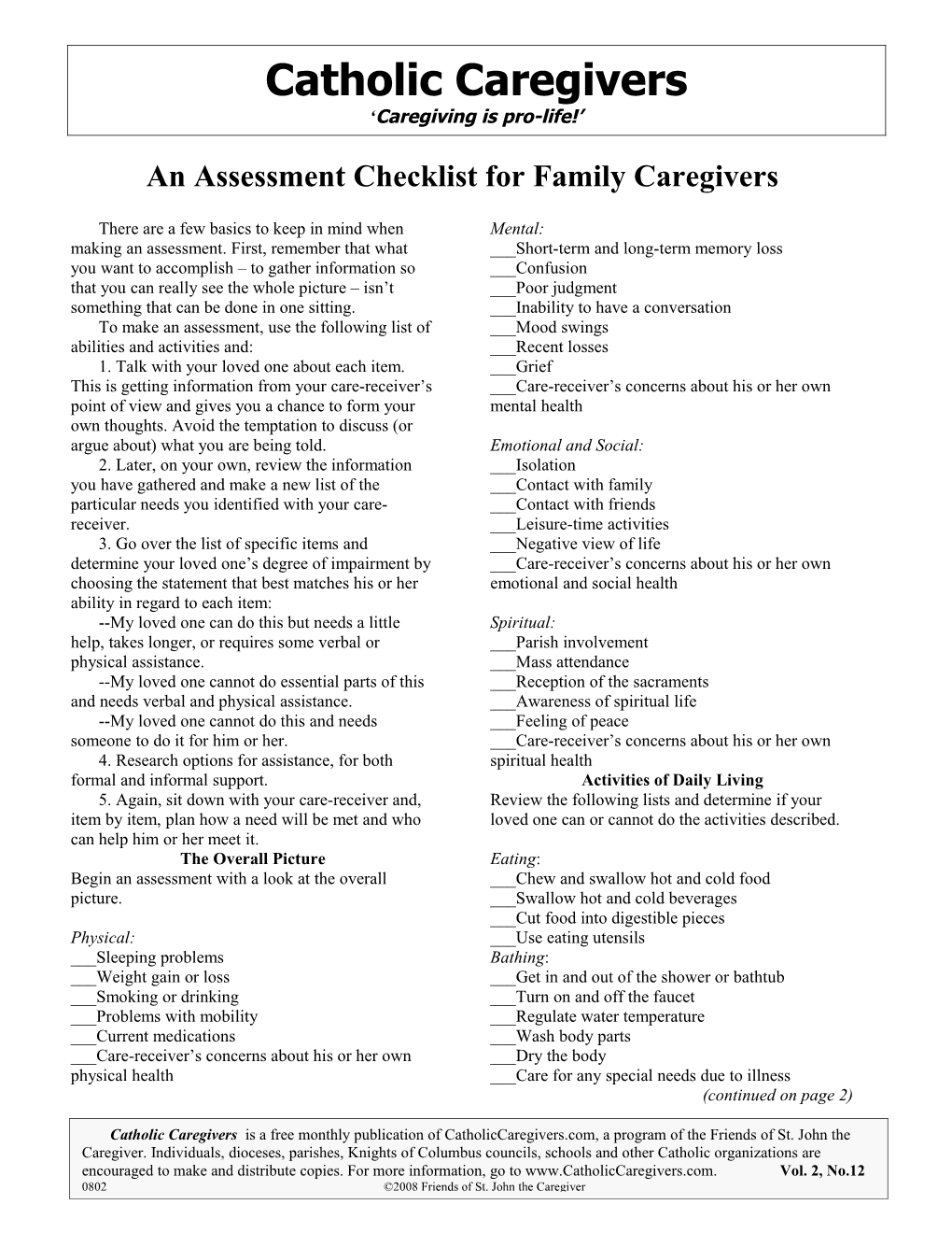 To Make an Assessment, Use the Following List of Abilities and Activities And