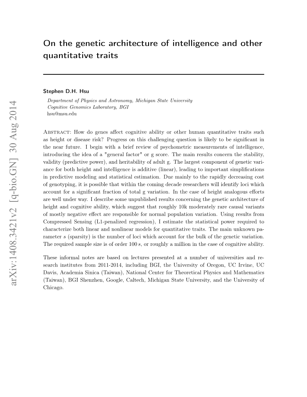 On the Genetic Architecture of Intelligence and Other Quantitative Traits