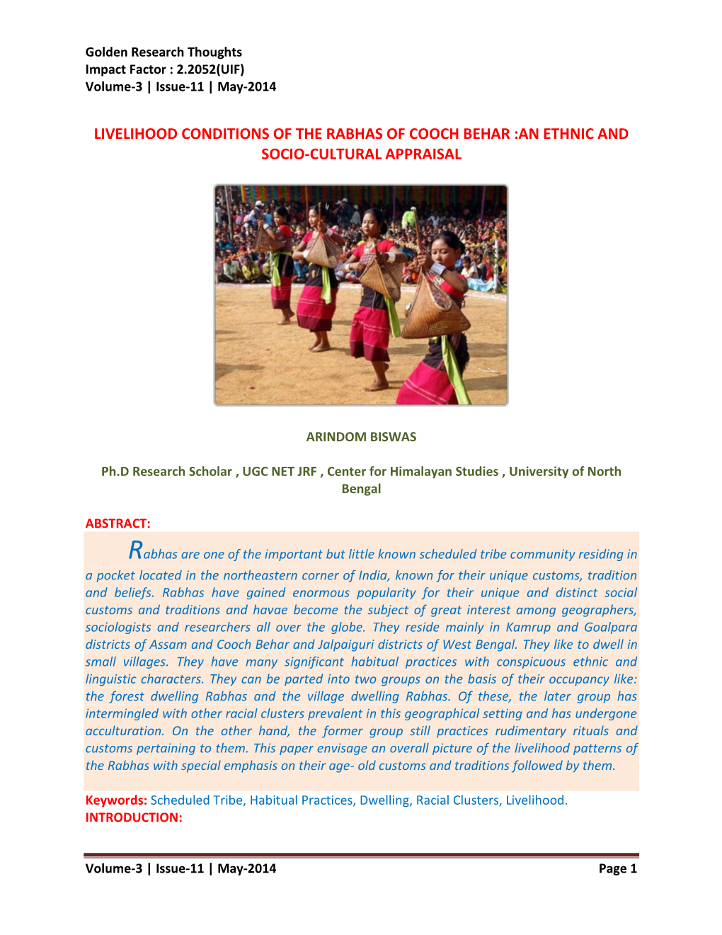 Livelihood Conditions of the Rabhas of Cooch Behar :An Ethnic and Socio-Cultural Appraisal