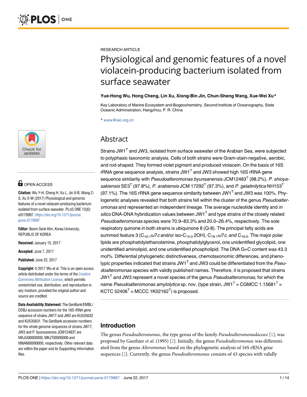 Physiological and Genomic Features of a Novel Violacein-Producing Bacterium Isolated from Surface Seawater