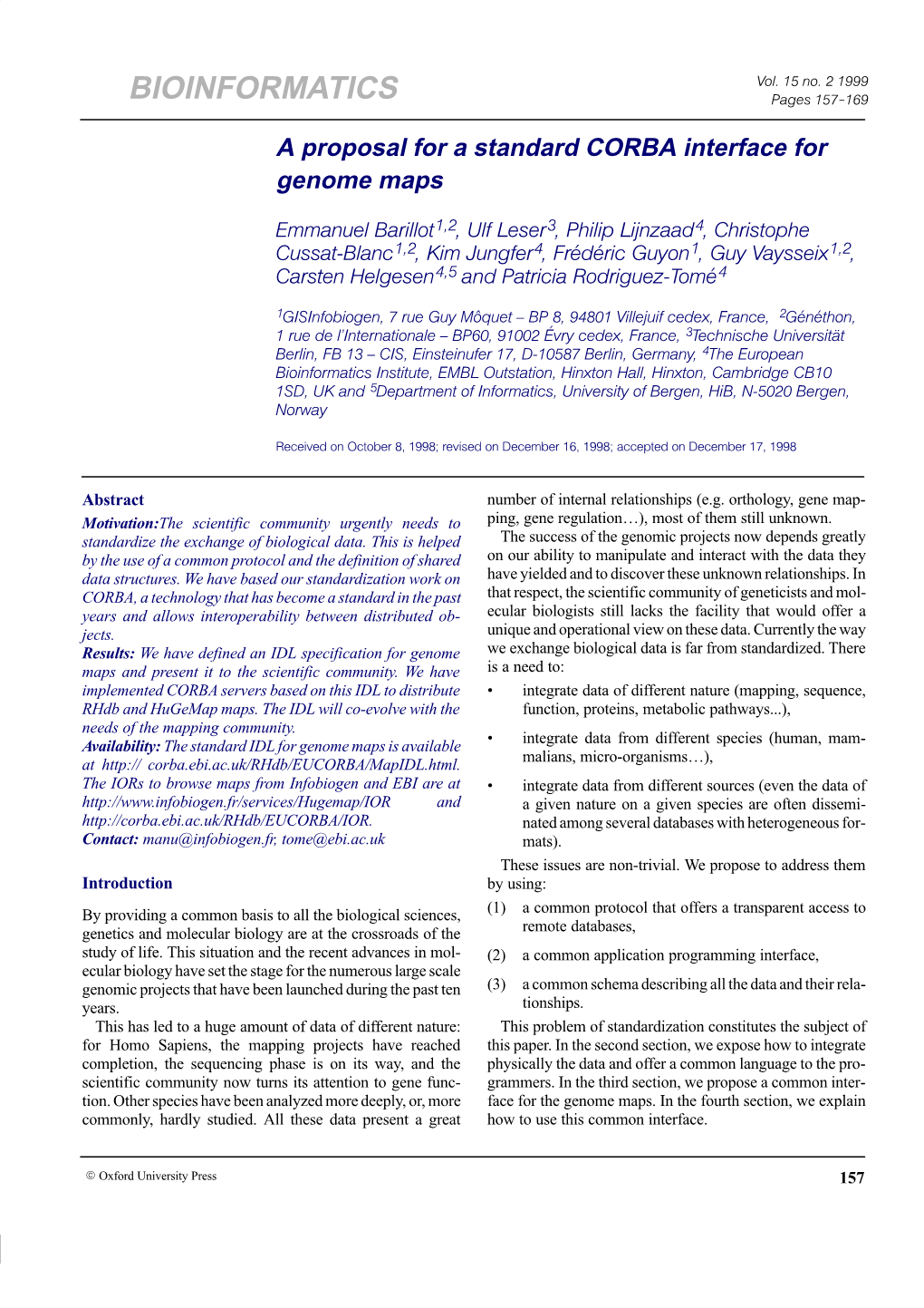 A Proposal for a Standard CORBA Interface for Genome Maps