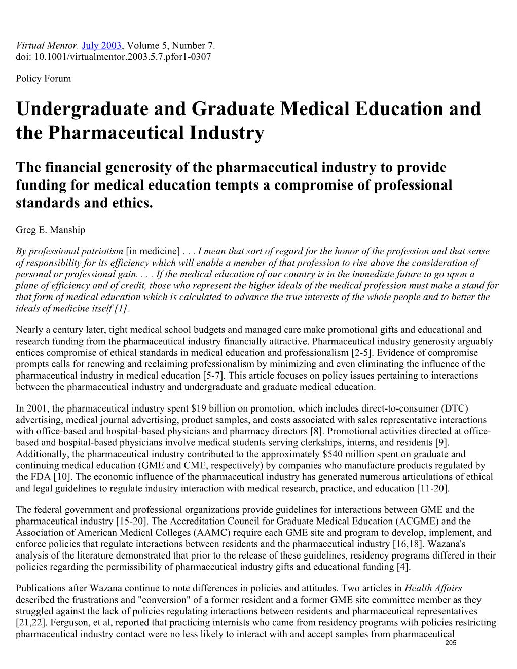 Undergraduate and Graduate Medical Education and the Pharmaceutical Industry