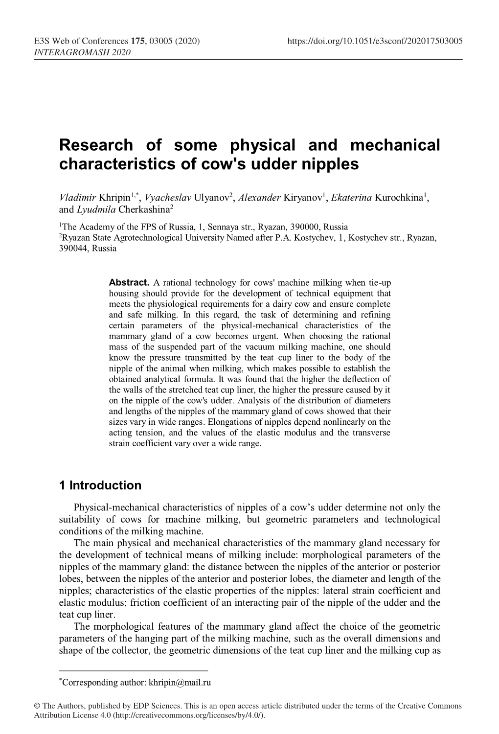 Research of Some Physical and Mechanical Characteristics of Cow's Udder Nipples