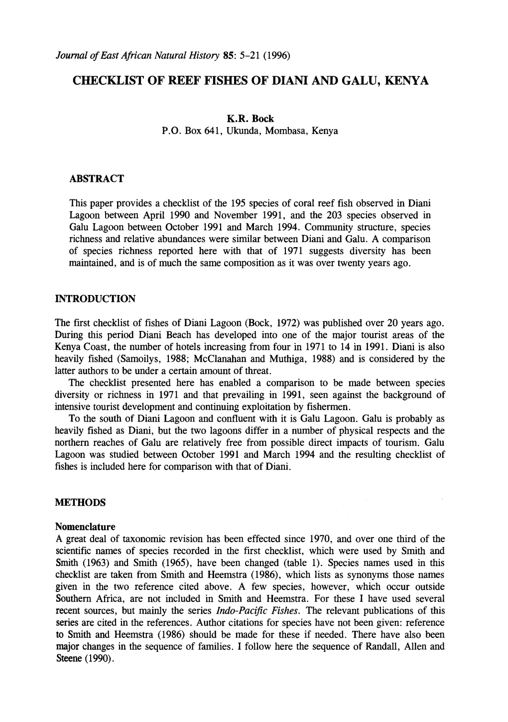 Checklist of Reef Fishes of Diani and Galu, Kenya