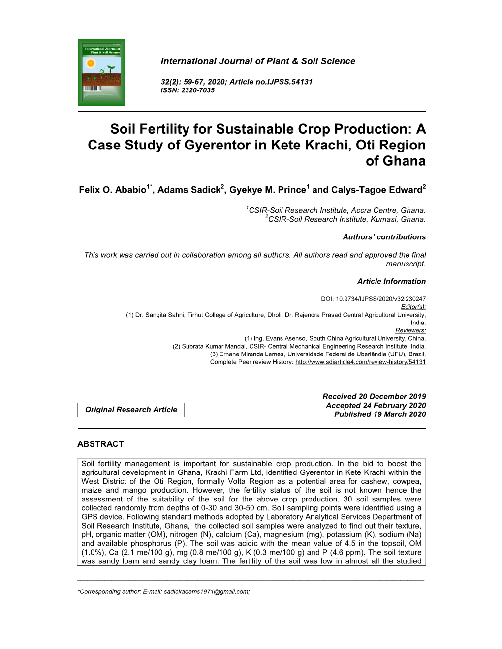 Soil Fertility for Sustainable Crop Production: a Case Study of Gyerentor in Kete Krachi, Oti Region of Ghana