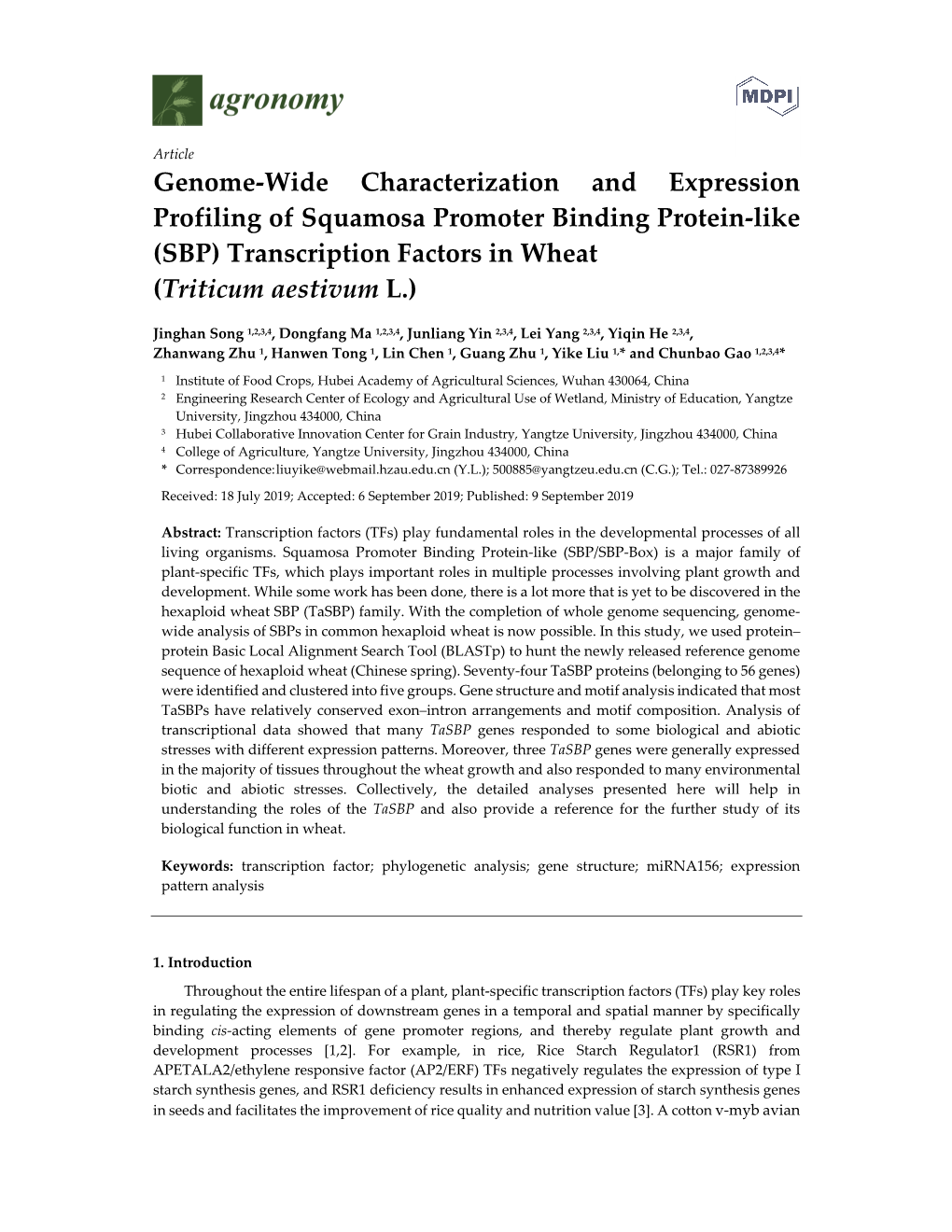 Genome-Wide Characterization and Expression Profiling of Squamosa Promoter Binding Protein-Like (SBP) Transcription Factors in Wheat (Triticum Aestivum L.)