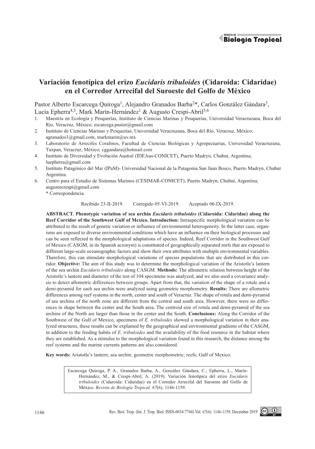 Variación Fenotípica Del Erizo Eucidaris Tribuloides (Cidaroida: Cidaridae) En El Corredor Arrecifal Del Suroeste Del Golfo De México