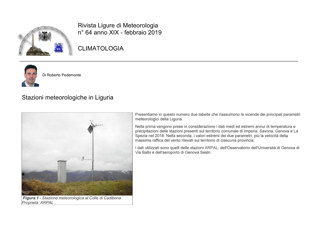 Febbraio 2019 CLIMATOLOGIA Stazioni Meteorologiche in Liguria