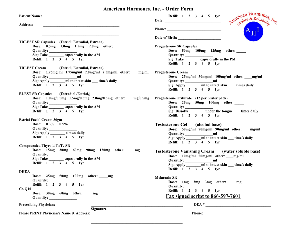 American Hormones, Inc. - Order Form