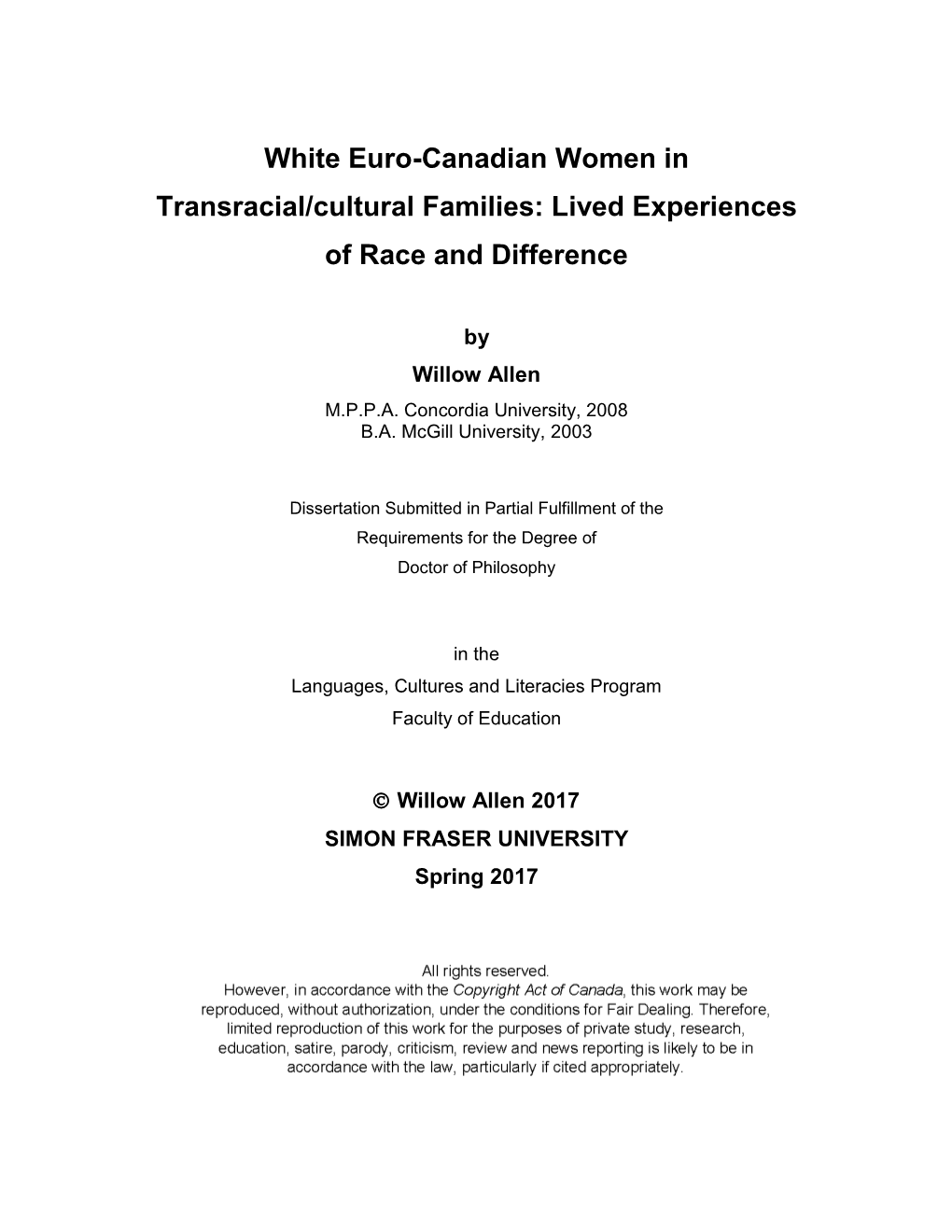 White Euro-Canadian Women in Transracial/Cultural Families: Lived Experiences of Race and Difference