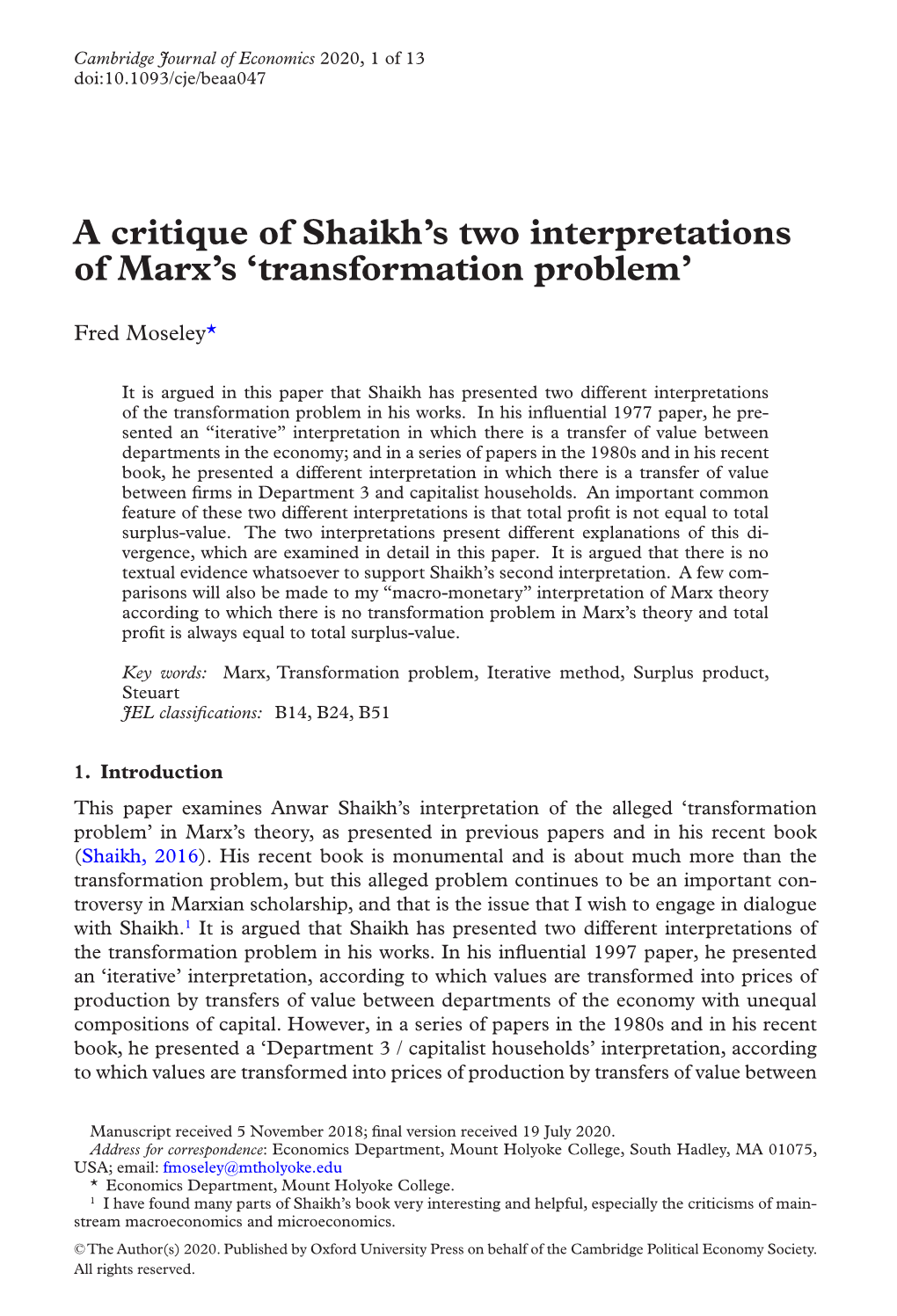 A Critique of Shaikh's Two Interpretations of Marx's 'Transformation Problem'