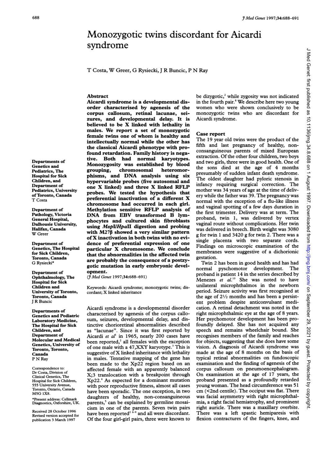 Monozygotic Twins Discordant for Aicardi Syndrome